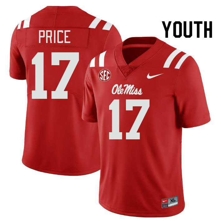 Youth #17 Devin Price Ole Miss Rebels College Football Jerseys Stitched-Red